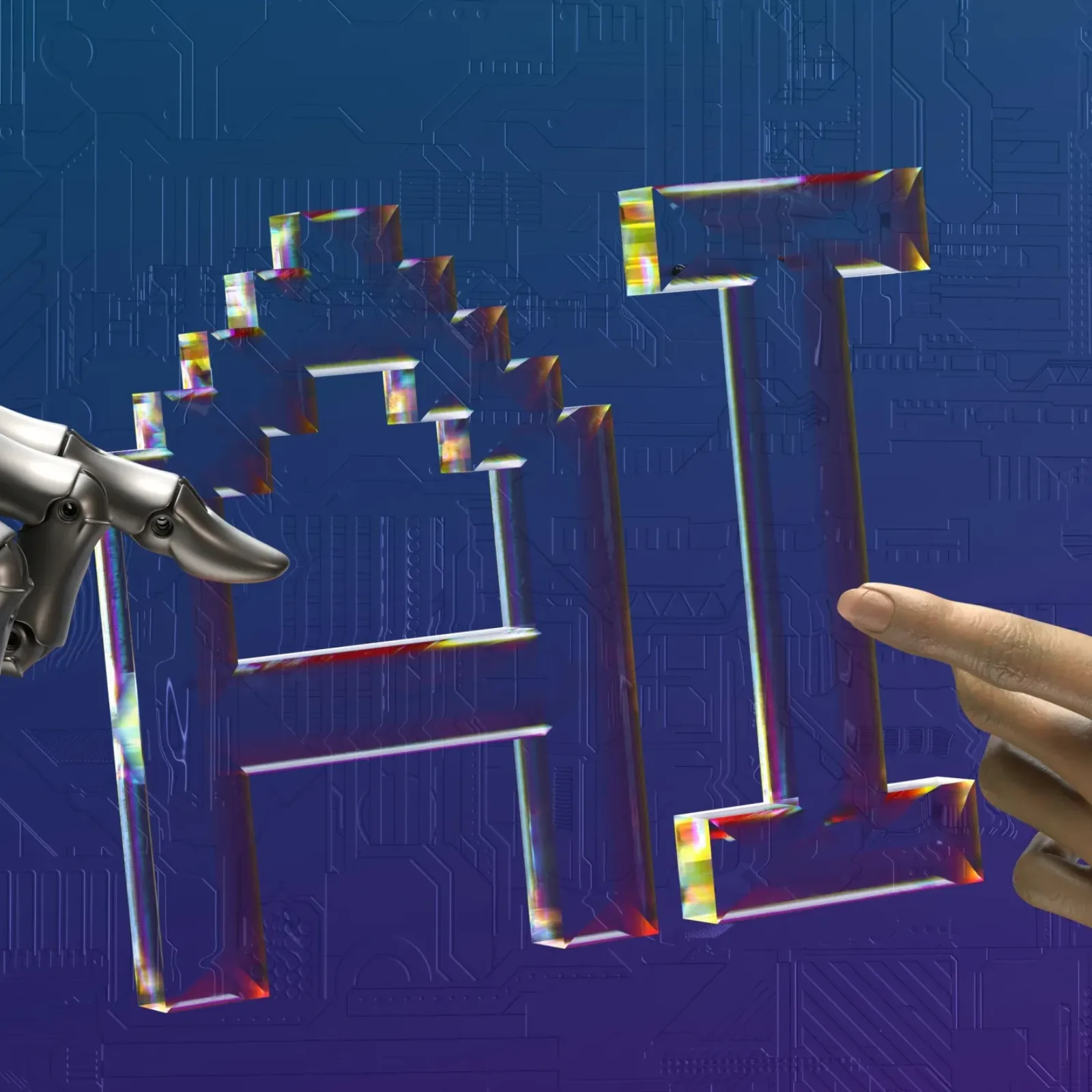 Robot hand en menselijke hand die wijzen naar het woord AI