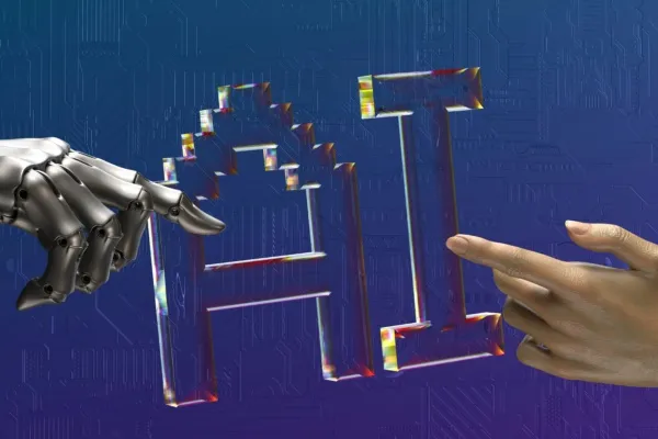 Robot hand en menselijke hand die wijzen naar het woord AI